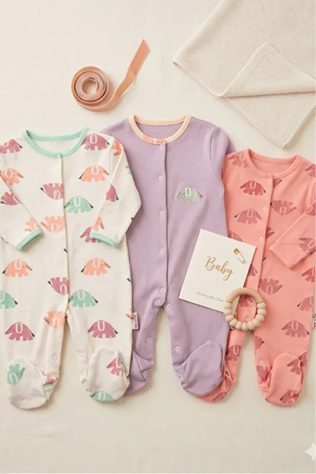 %100 Cotton Colorful Elephant Patterned 3-Piece Footed Romper (GIRL - BOY - NEWBORN)