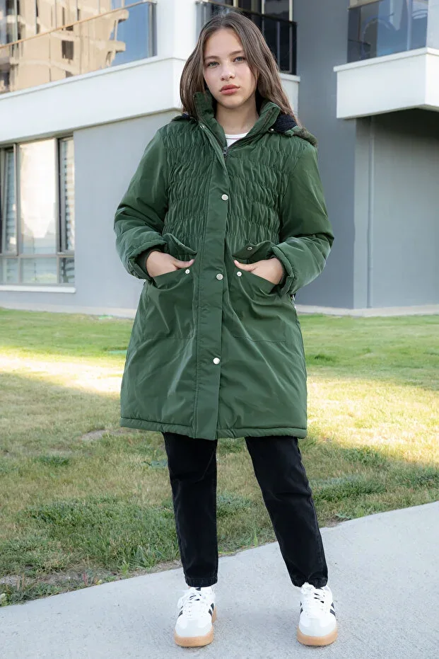 Khaki Belted Nubuck Fabric Girl's Fur Lined Hooded Puffer Jacket 21313