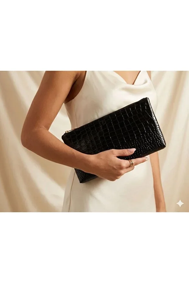 VELORİA BAG & SCARF Black Women's Portfolio Handbag - Patent Leather and Leather Stylish Evening Bag - Clutch