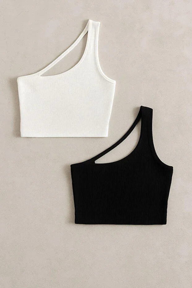 Women's Black and White 2-Pack One Shoulder Cross Strap Crop Top Bustier