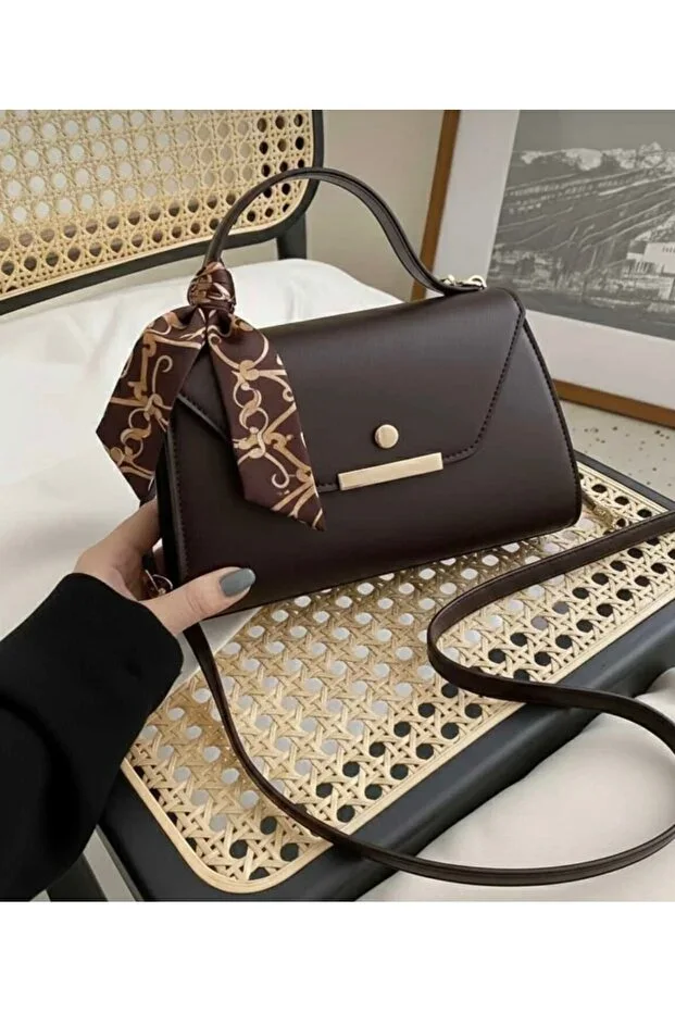 Bitter Coffee Faux Leather Scarf Detailed Hand & Shoulder Bag