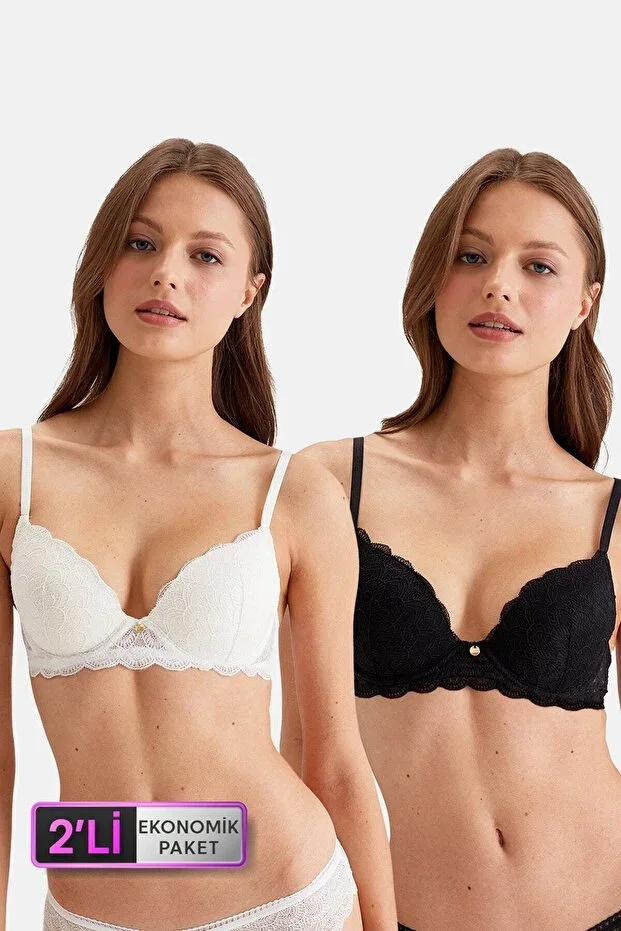 2'li Economic Pack Black-Ecru 4731001-2 Rome Underwired Soft Push Up Lace Bra Set