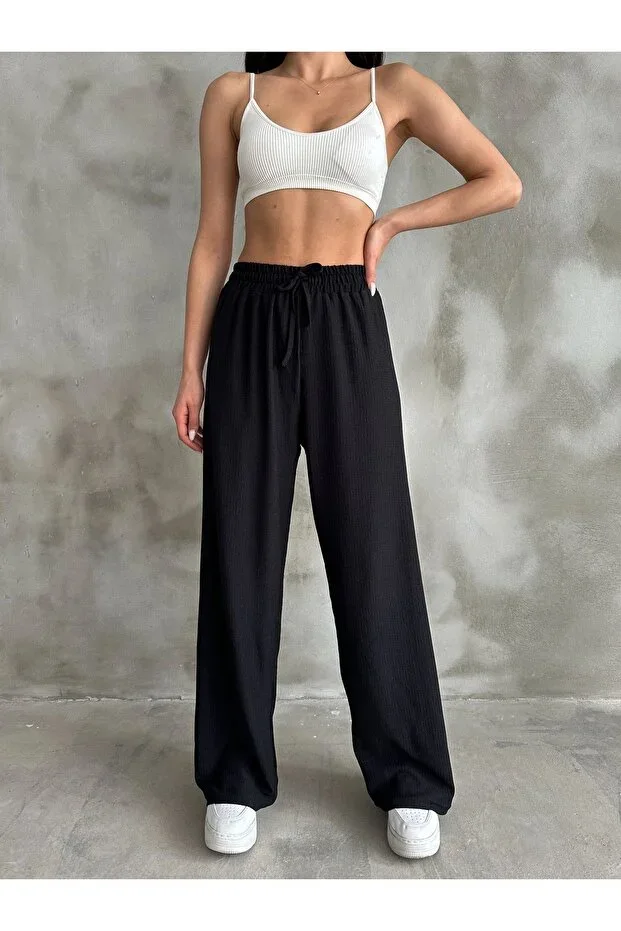 BEJNA Women Black Elastic Waist Palazzo Pants