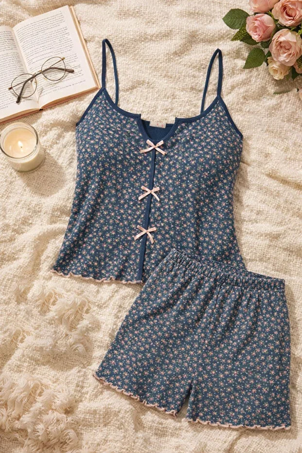 Women's Ribbed Camisole Strap Babydoll and Bow Detail Shorts Set