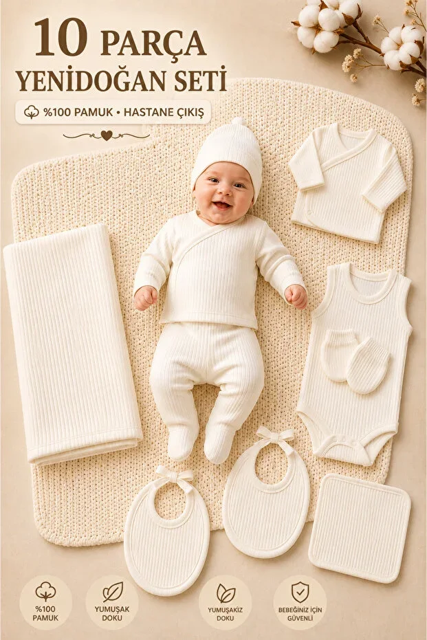 10 Piece Newborn Hospital Exit Set 100% Cotton Reported Fabric Premium Plain Baby Set Ecru