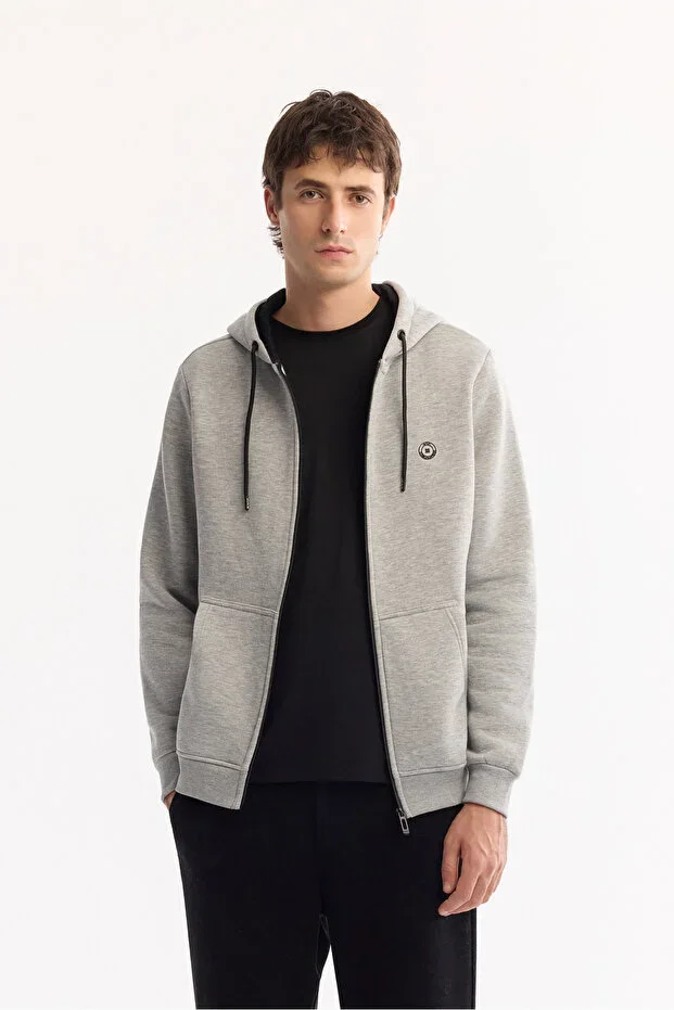 Men's Grey Hooded 3-Thread Brushed Zippered Regular Fit Sweatshirt E001019