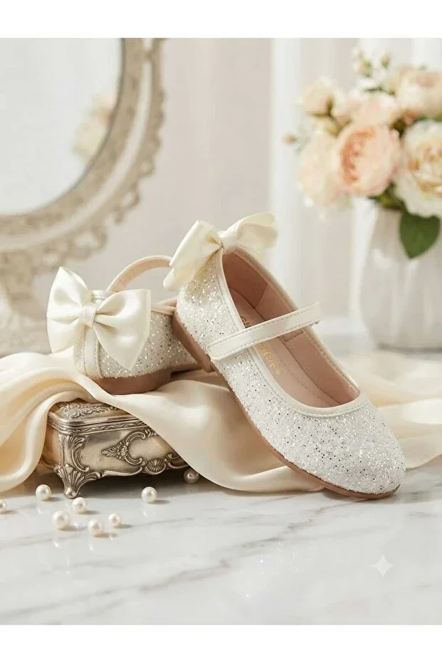 GIRLS' SEQUINED CREAM COLORED ELEGANT ORTHOPEDIC NON-SLIP SOLE LOAFERS WITH BOW BACK