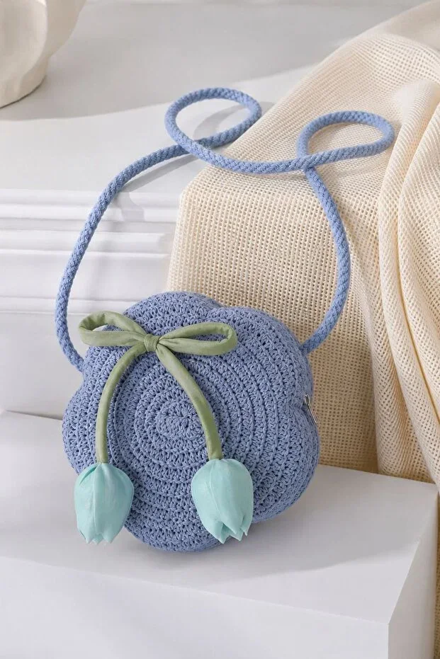 Minigimin Cicileri Tulip Detailed Straw Girl Child Mini Bag - Blue