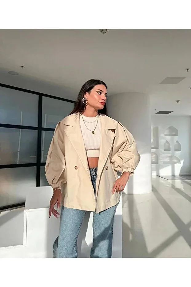 Balloon Sleeve Buttoned Short Trench Coat Bondit Fabric
