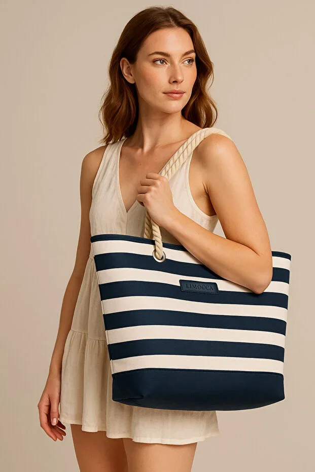 Women's Beach Bag, Zippered Bag, Striped Rope Handle, Women's Bag, Lined Interior with Pocket