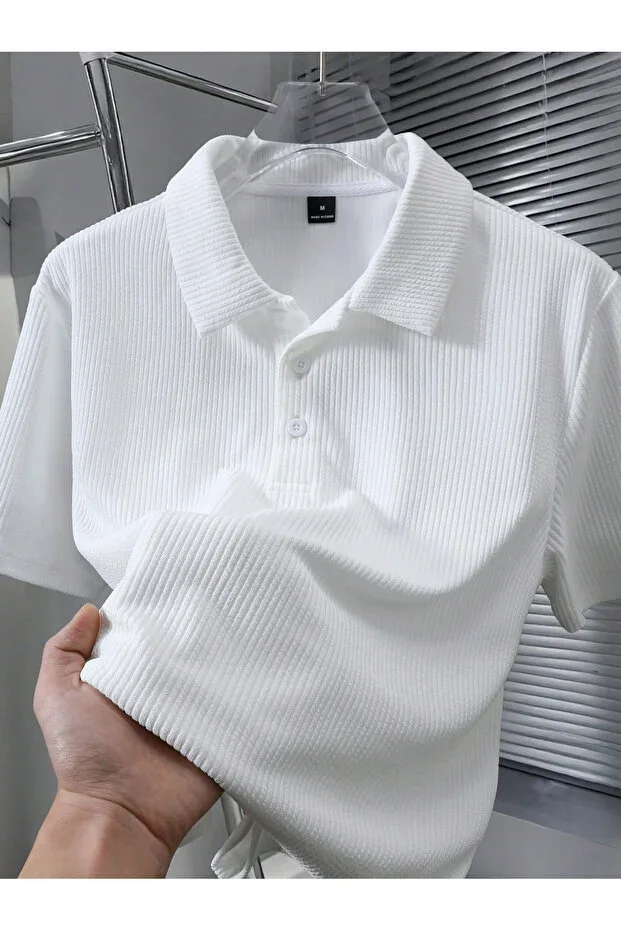 White Men's Polo Neck Oversize Ribbed Fabric 100% Cotton Loose Fit Crew Neck A Quality