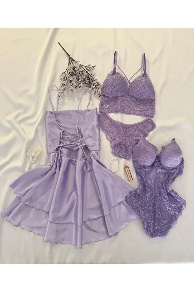Superdriey 4-Piece Satin Nightgown Lingerie Set