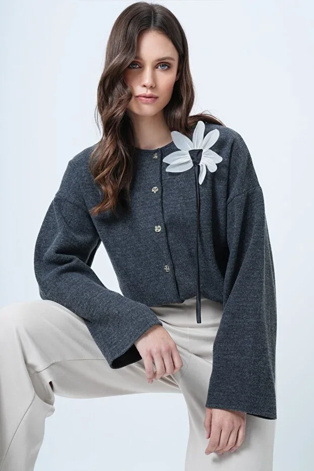 Women's Anthracite Floral Brooch Accessory Knit Cardigan ALC-X14689