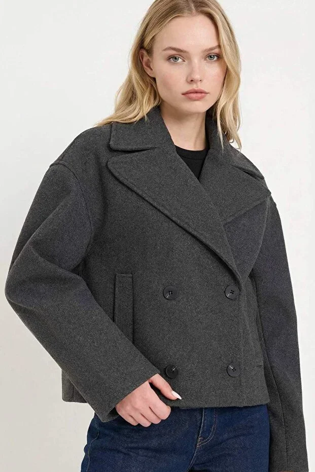 Regular Fit Buttoned Crop Wool Blend Coat E8646AX25AU