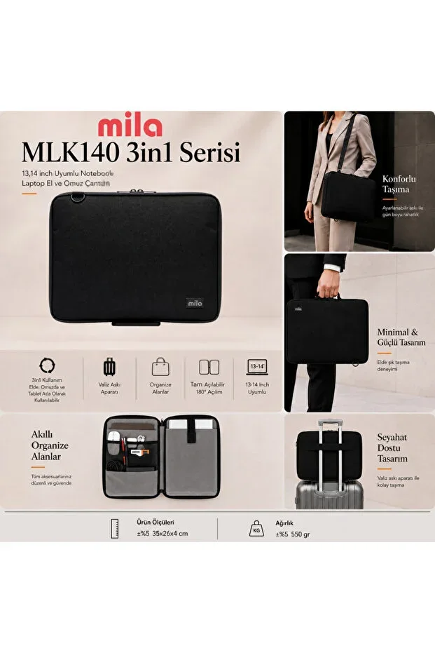 3in1 Series MLK140 13,14 inch Compatible Tablet, Laptop Hand and Shoulder Bag - Black