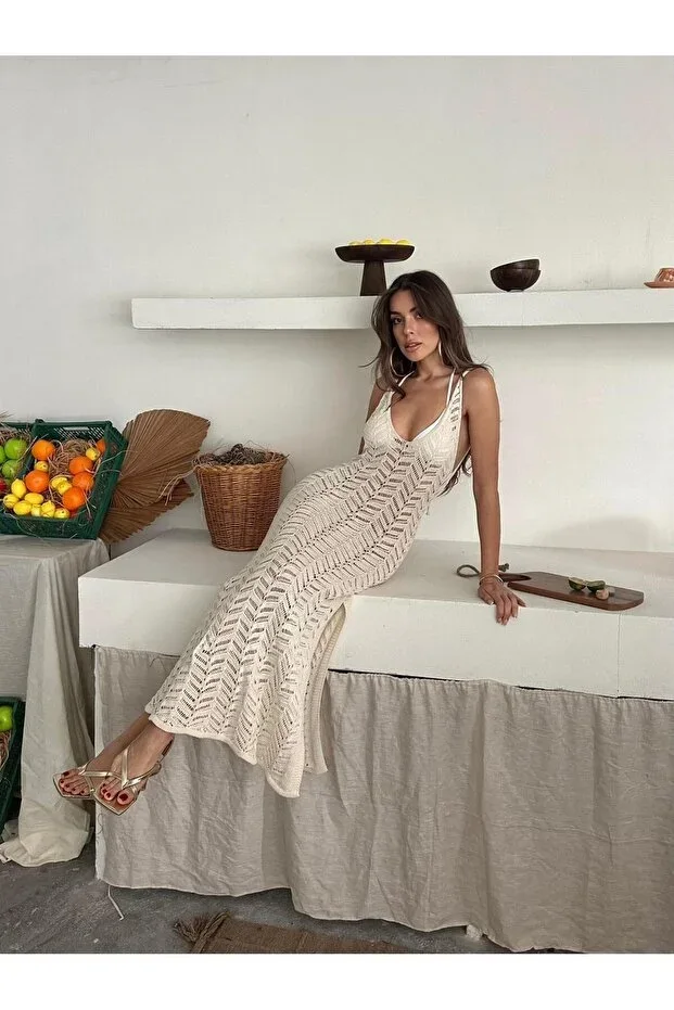 Lace Detailed Slit, Chest and Back Decollete, Strappy Long Women's Knit %100 Cotton Beach Dress