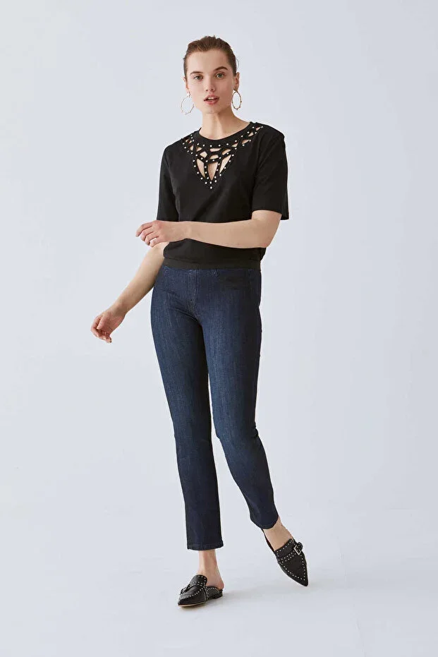 Roman Striped Detail Jean Women's Trousers Dark Blue K2053103_252