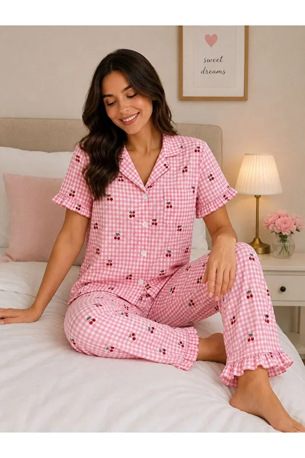 Pink White Checked Cherry Patterned Ruffled Detail Crepe Short Sleeve Pajama Set