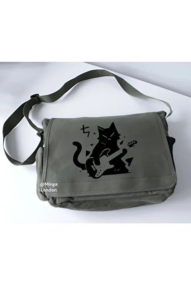 Khaki Black Guitarist Cat Print School, Course, Dershane Messenger Bag - Minga London
