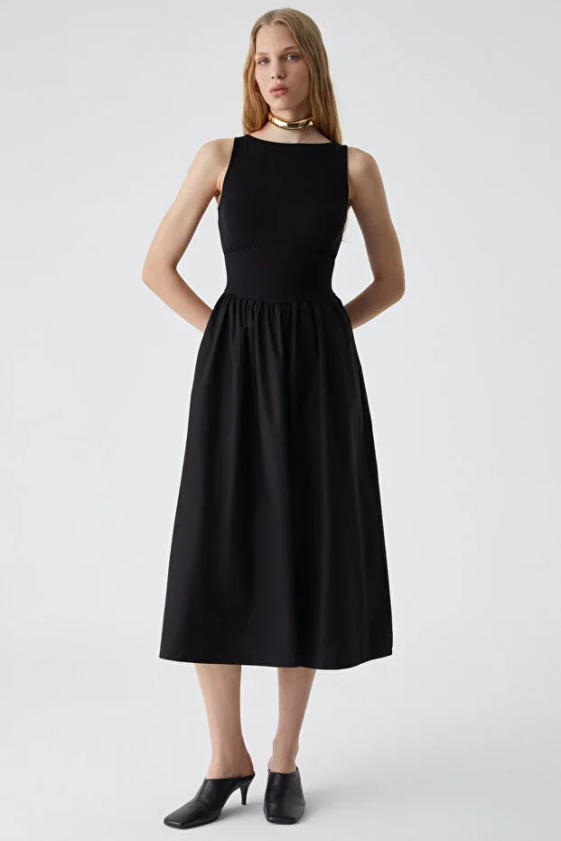 GRIMELANGE Pani Aıre Women's Boat Neck Top Flexible Viscose Wide Hem Poplin Woven Sleeveless Black Dress