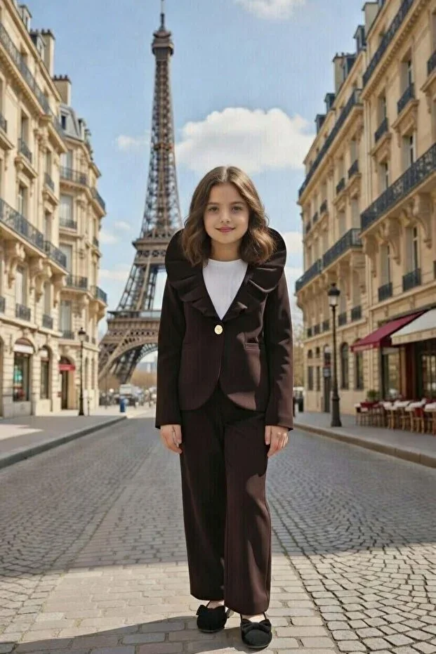 Girls Asymmetric Cut Ruffled Collar Flared Jacket Brown Top Bottom Set
