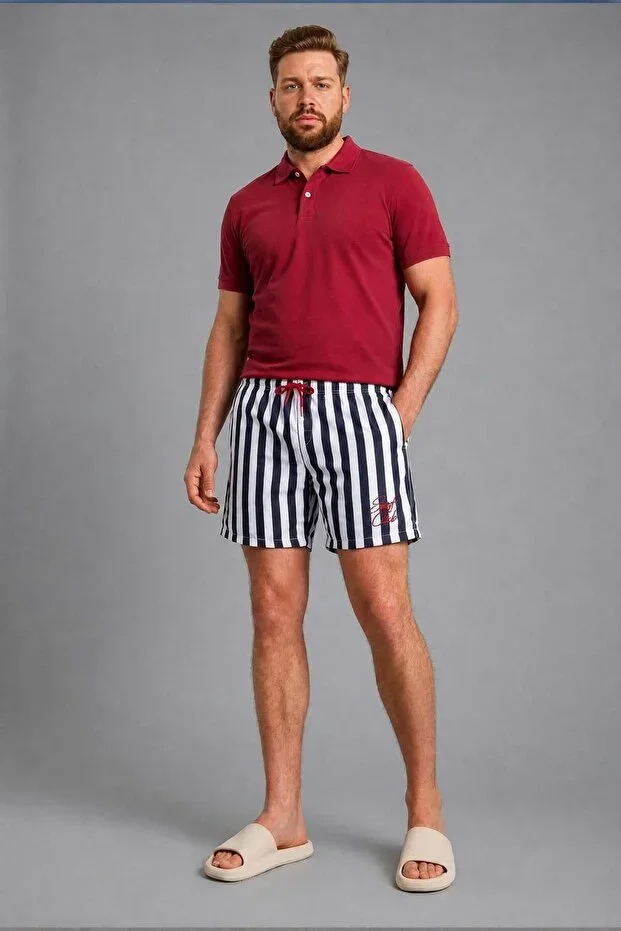 Regular Fit Mesh Lined Plus Size Striped Swim Shorts H5532AX26HS