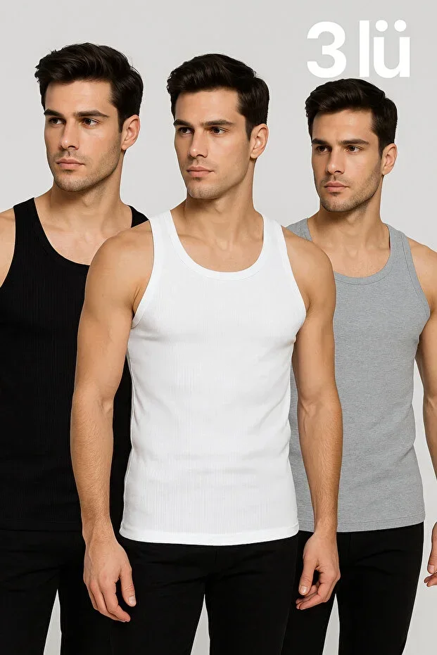 Men's 3-Pack Undershirt Set – Black, White, Grey – 100% Cotton, Comfortable and Breathable