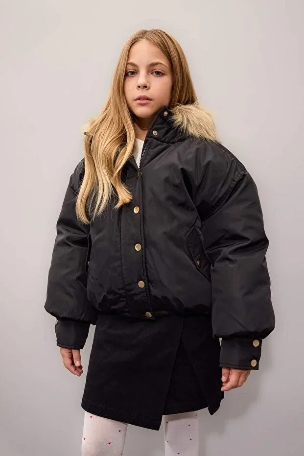 DeFacto Girls' Hooded Jacket With Removable Hood, Zipper, Snap Pockets C5488A824WN