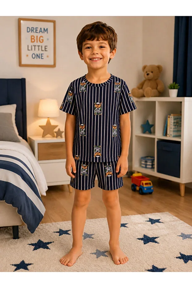 Boys Short Sleeve Teddy Bear Print 100% Cotton Pajama Set with Shorts