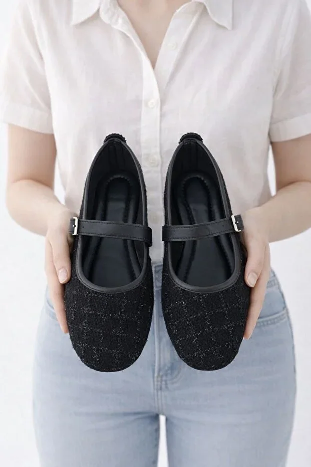Black Tweed Fabric Mary Jane Ballerina Chic Buckled Comfortable Sole Daily Shoes BYNDLCK01