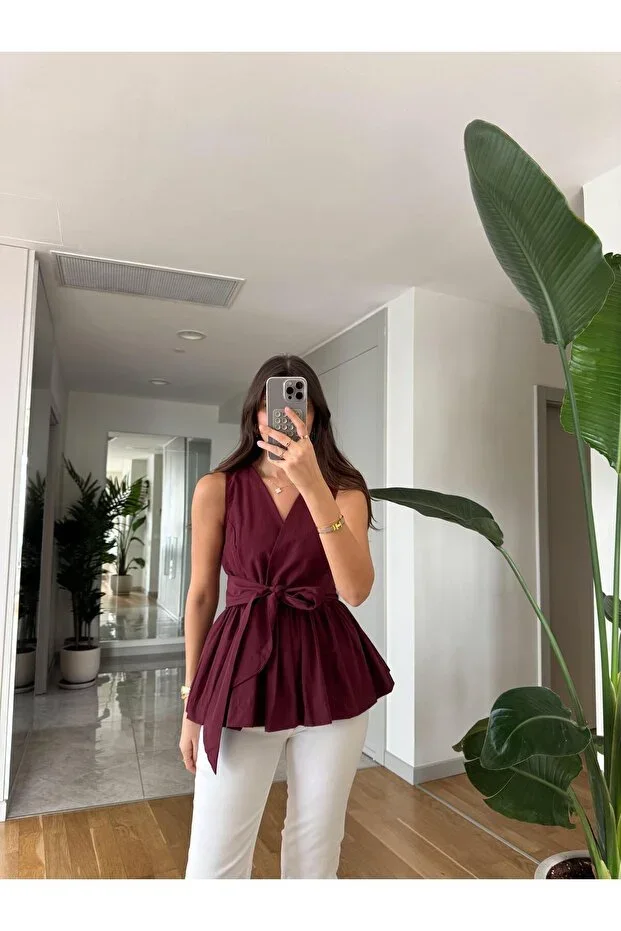 Women's Burgundy Belted V-Neck Blouse