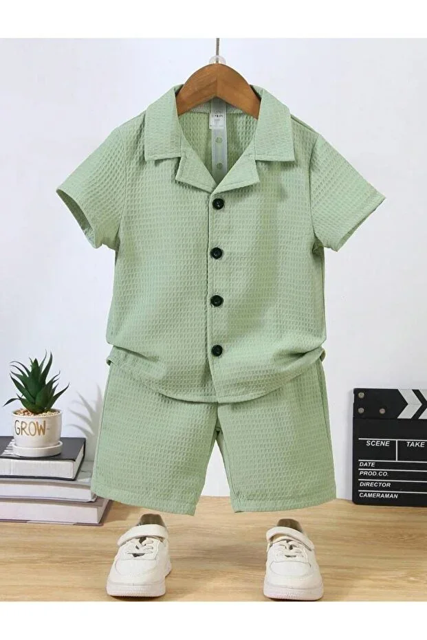 V Neck Shirt Detailed Cotton Waffle Shorts Set-Green