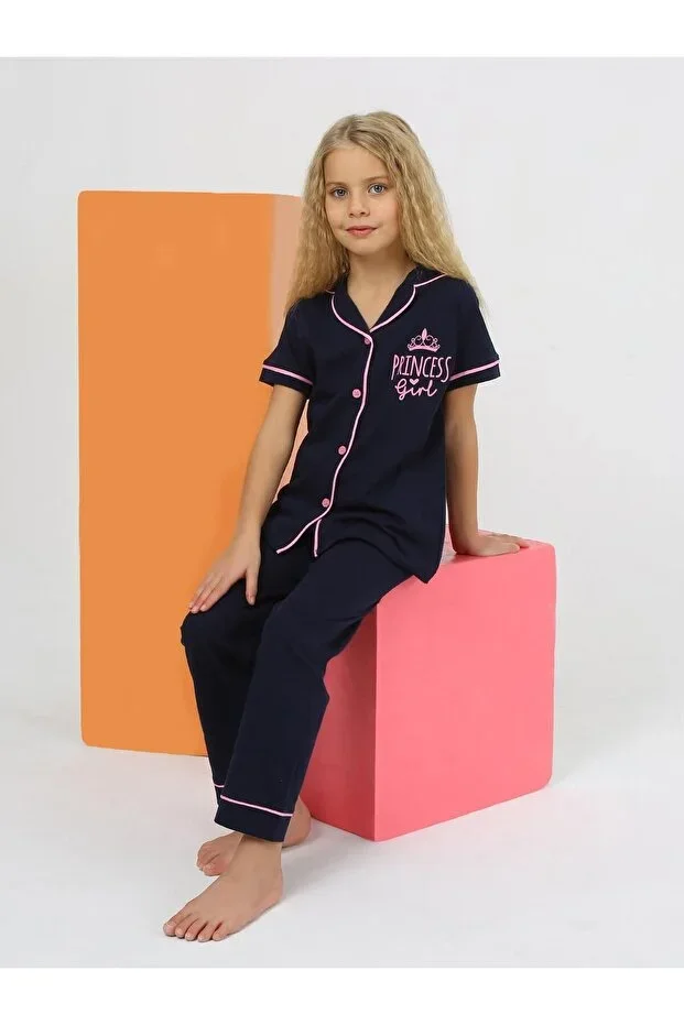 Girls' Short Sleeve 100% Cotton Buttoned Pajama Set Princess
