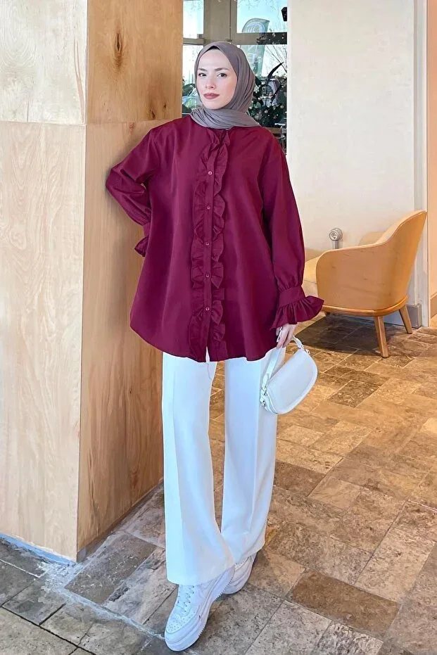 Lamelif Flores Ruffled Tunic Burgundy