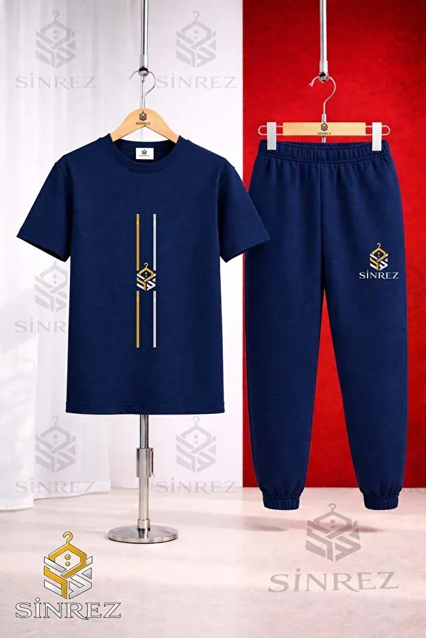 Kids LOGO EMBROIDERED TWO STRIPE Print T-shirt Tracksuit Set