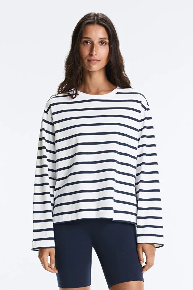 Oysho Boxy oversize long-sleeved striped cotton T-shirt