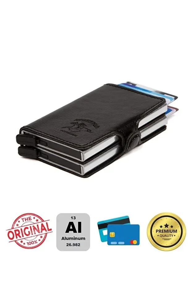 Adelina Original Unisex Black Leather Double Aluminum Mechanism Card Holder 7x10 Cm
