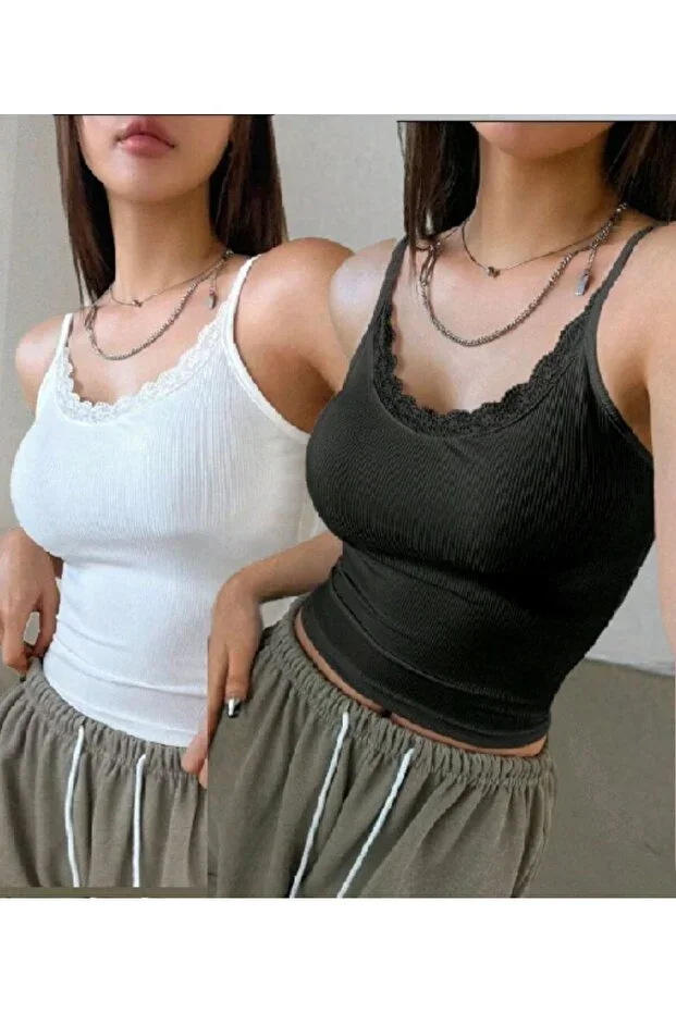 Women's White 2-Piece Lace Camisole Spaghetti Strap V-Neck Stretchy Undershirt Sport Summer Daily Undershirt 2026