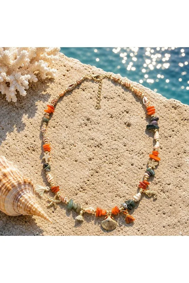 KLY-1046 | Tassel Charm Natural Stone Summer Necklace | Eos Kolektif