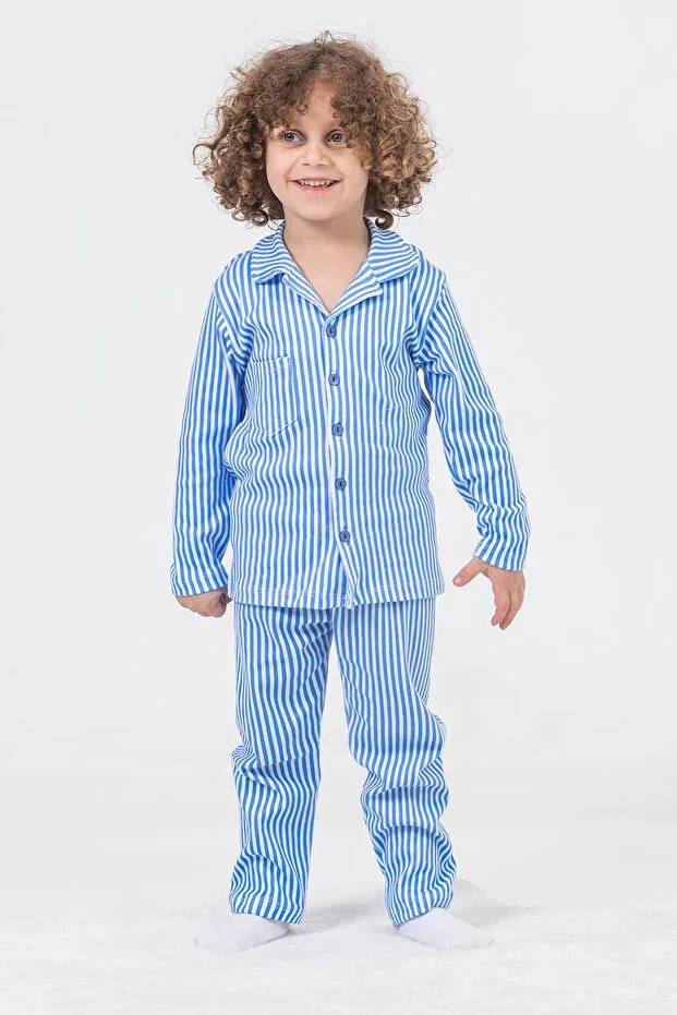 Gaffur Pijama Style Blue Striped Boys' Buttoned Pajama Set
