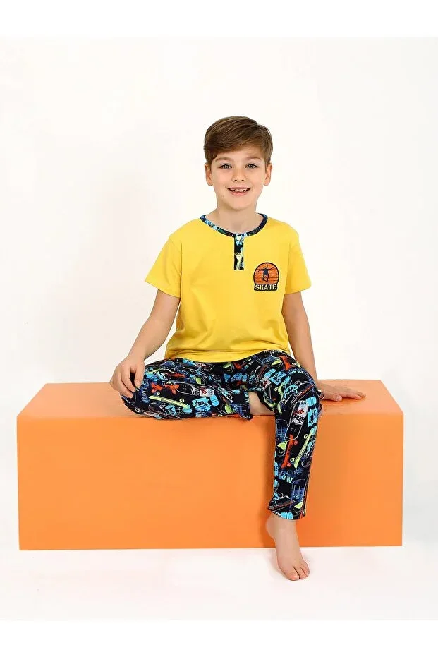 Boys' Short Sleeve Button Detail 100% Cotton Pajama Set Skate
