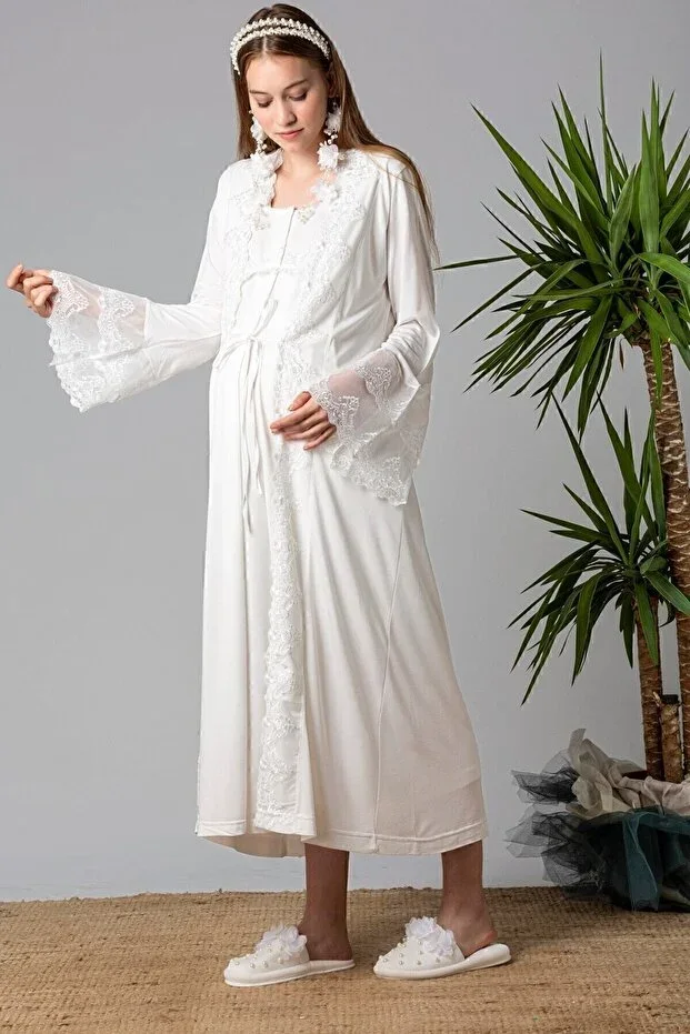 ByLohusa Effortt Ekru Maternity Robe Pajama Set