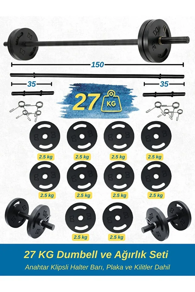 27 KG Dumbbell and Weight Set - Barbell Bar with Key Clip, Plates and Locks Included