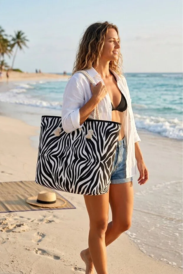 Zebra Pattern Picnic and Beach Bag with Rope Handle, Spacious Interior, Stylish Shoulder Bag
