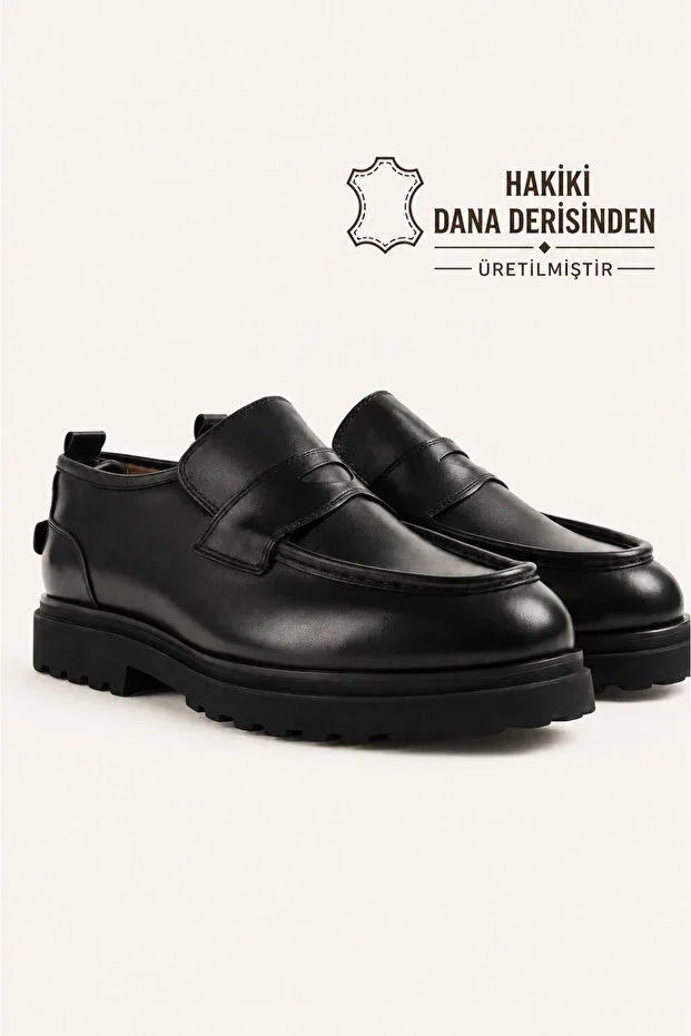 Men's Black Genuine Leather Loafer Shoes - Lorent