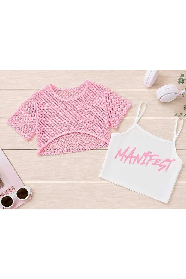 Crop T-Shirt with Mesh Detail and Print