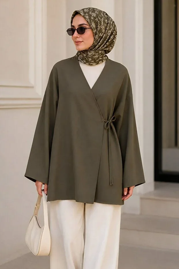 İmajButik Khaki Crossover Neck Side Tie Summer Kimono Tunic
