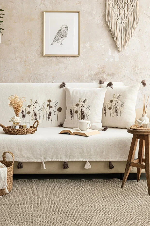 Peony Ecru Embroidered Tasseled Washed 170x210cm Sofa Cover Set (Includes 2 Pillow Covers 45x45cm)