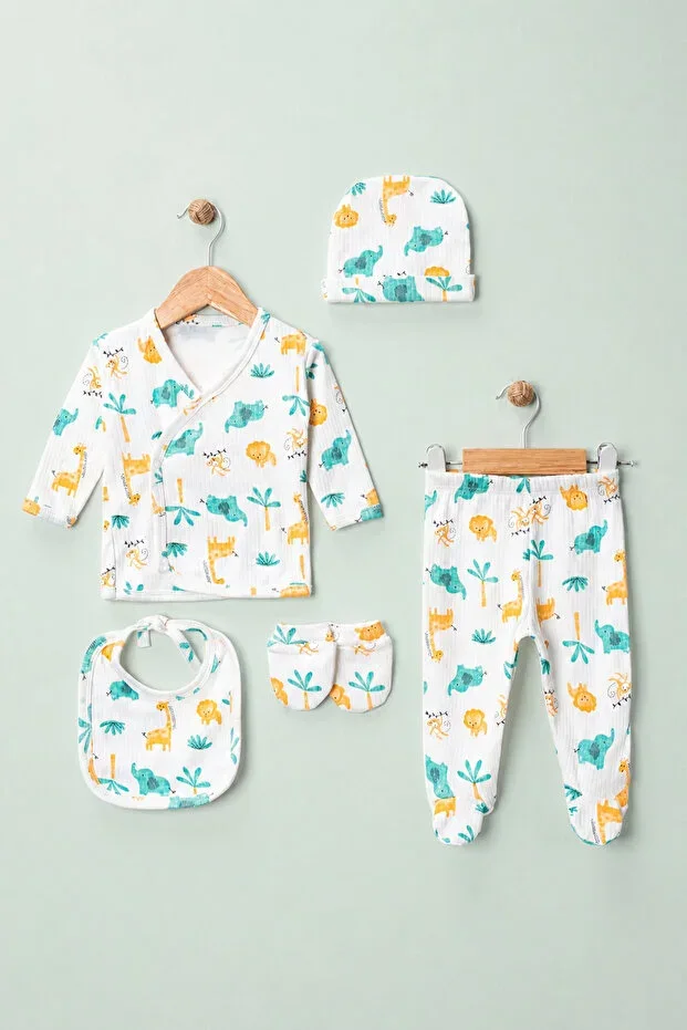 Newborn Baby Hospital Exit 5-Piece Set Cotton Giraffe Pattern Bodysuit Set