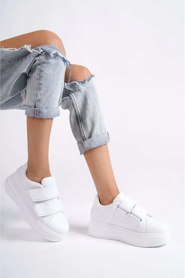 Bellamy White Matte Leather Velcro Women's Sports Shoes